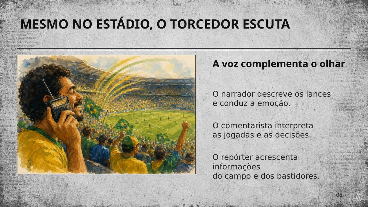 Slide 8 — Mesmo no estádio, o torcedor escuta: a voz complementa o olhar