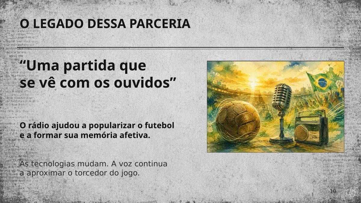 Slide 10 — O legado dessa parceria: “uma partida que se vê com os ouvidos”