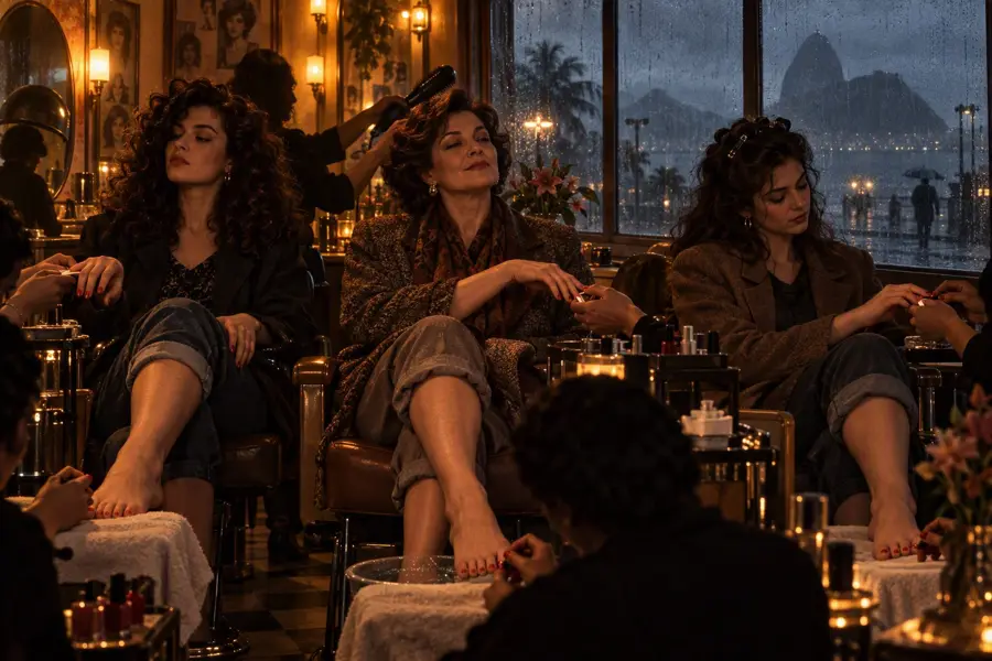Sra. Rosa Sampaio, Juliana e Lígia no salão de beleza, sob o contraste entre a garoa fria e o ambiente acolhedor.