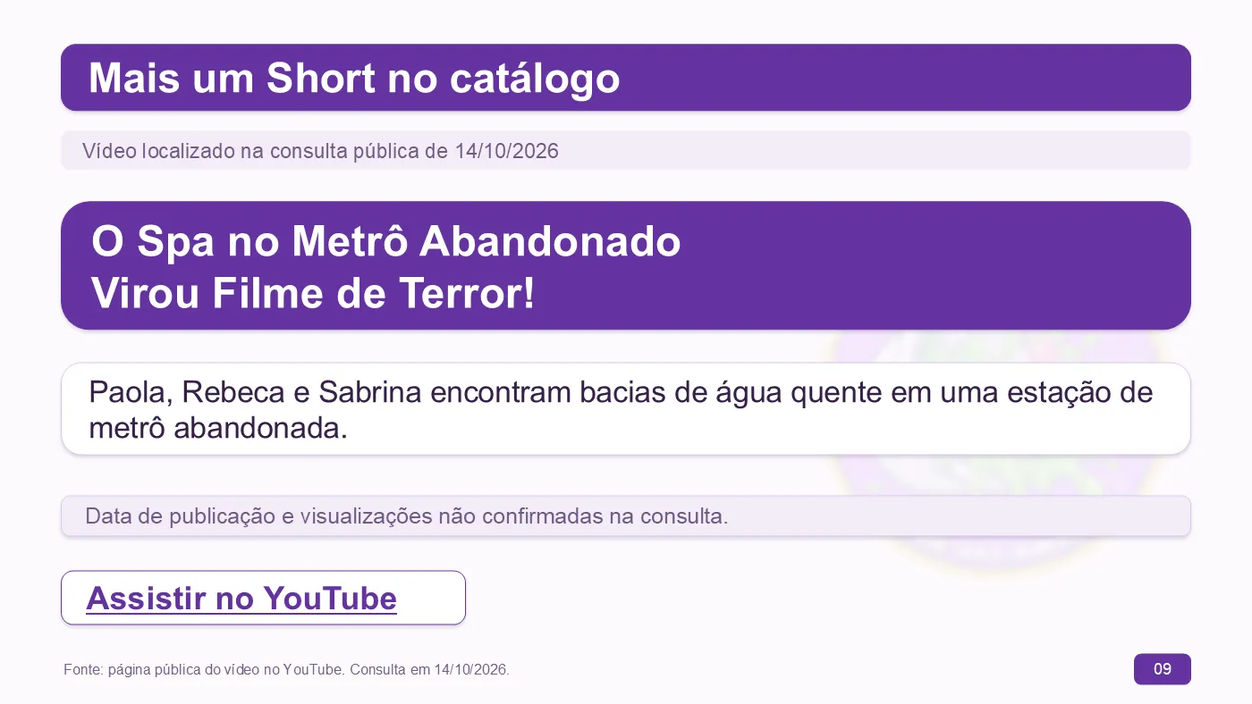 Slide 9 — Mais um Short no catálogo: “O Spa no Metrô Abandonado Virou Filme de Terror!”, com Paola, Rebeca e Sabrina em uma estação de metrô abandonada
