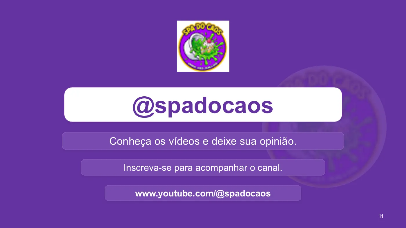 Slide 11 — Encerramento: @spadocaos — conheça os vídeos, deixe sua opinião e inscreva-se em www.youtube.com/@spadocaos